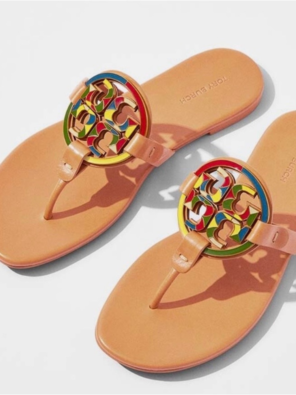 Tory Burch Tan Leather Thong Sandals with Multicolor Logo Enamel